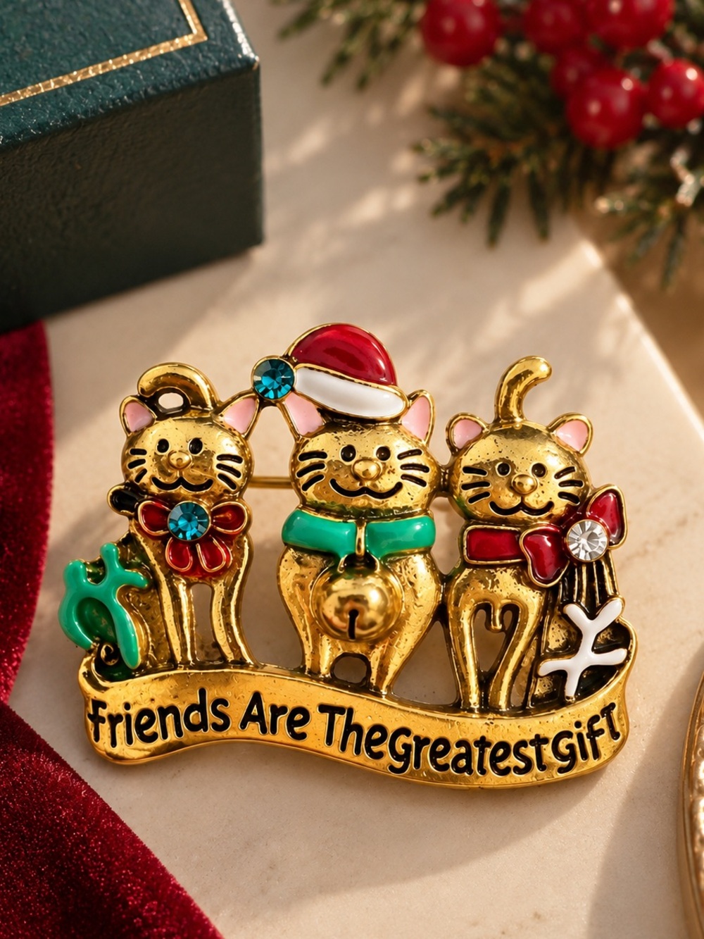 Gold Cat Friends Holiday Brooch